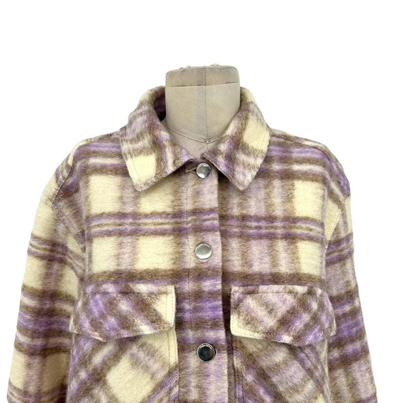 Zara Cropped‎ Plaid Jacket Shacket Purple Cream Size Large - Picture 3 of 11